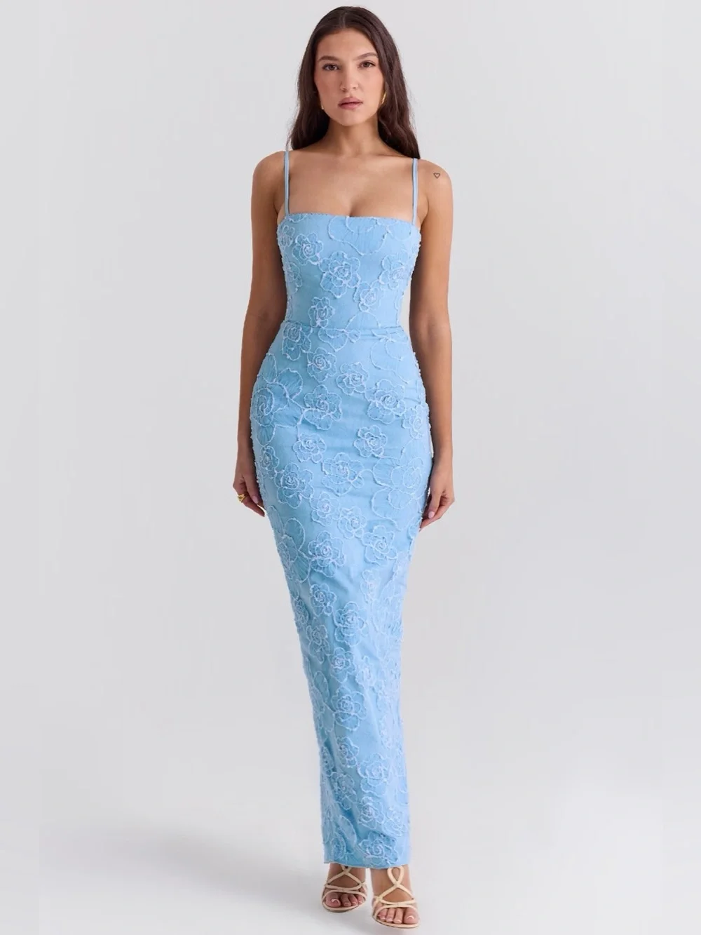 tuscan blue embroidered floral maxi dress Floral-embroidered Maxi Dress
